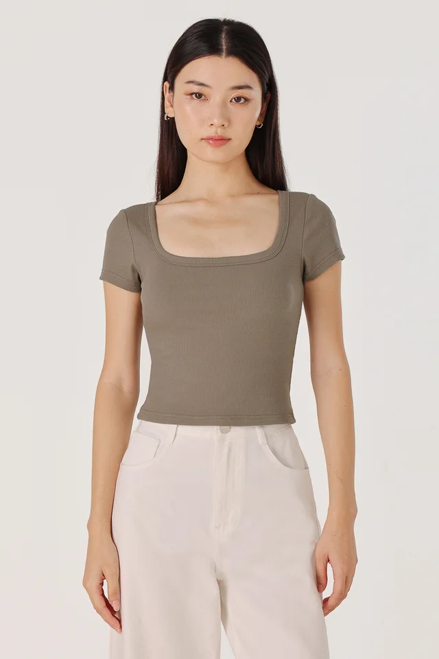 MARINA REVERSIBLE PADDED SLEEVE RIBBED TOP (TAUPE)
