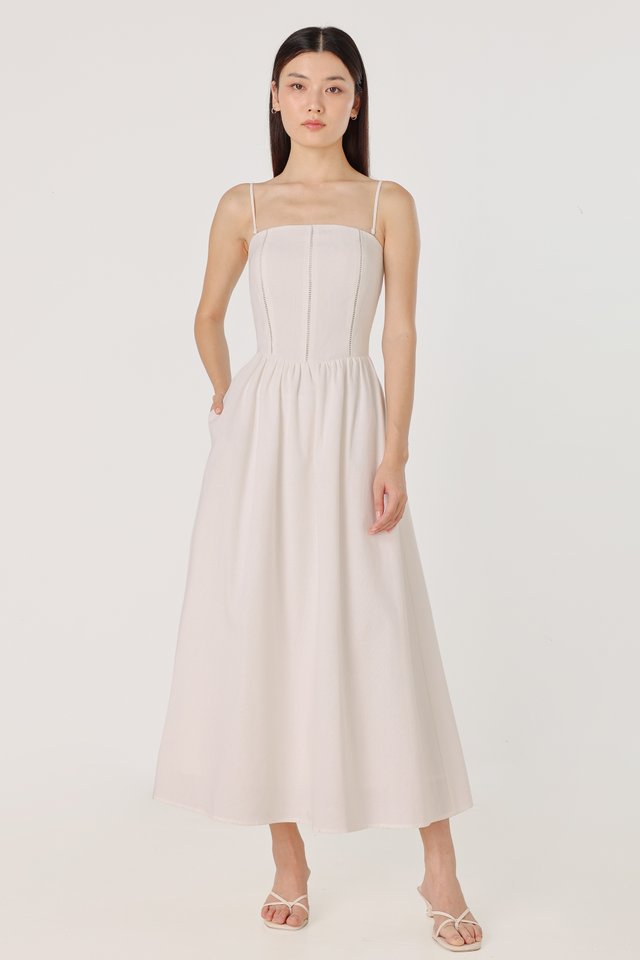 HARTLIE PADDED LINEN EYELET INSERT TWO-WAY MIDAXI DRESS *BFF*