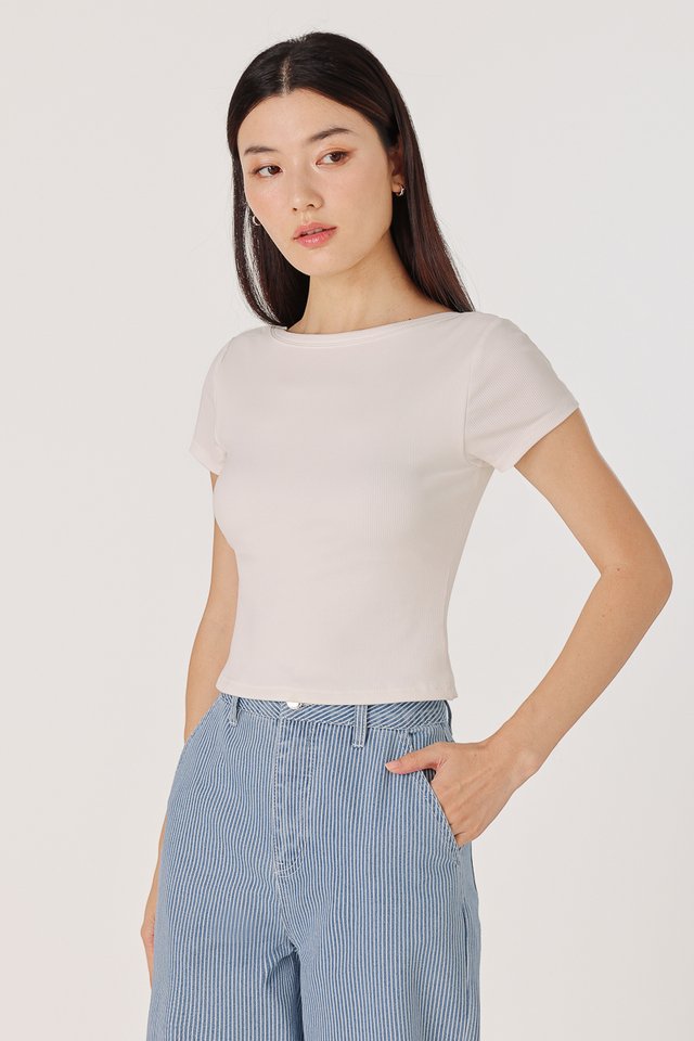 MARINA REVERSIBLE PADDED SLEEVE RIBBED TOP (WHITE)