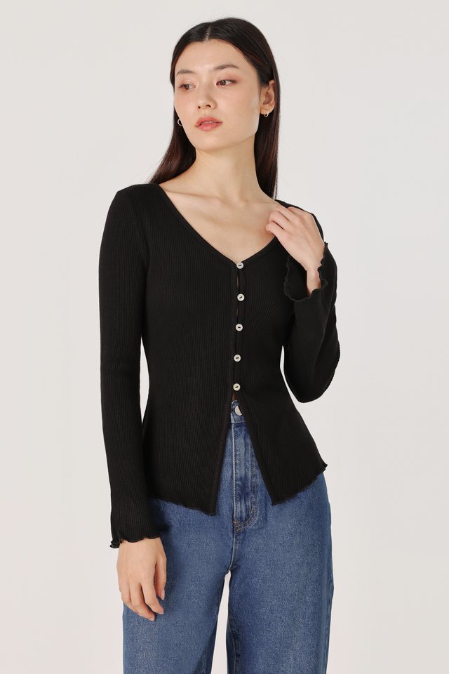 BREA RIBBED LONGLINE SHELL BUTTON FLARE SLEEVE TOP (BLACK) *BFF*