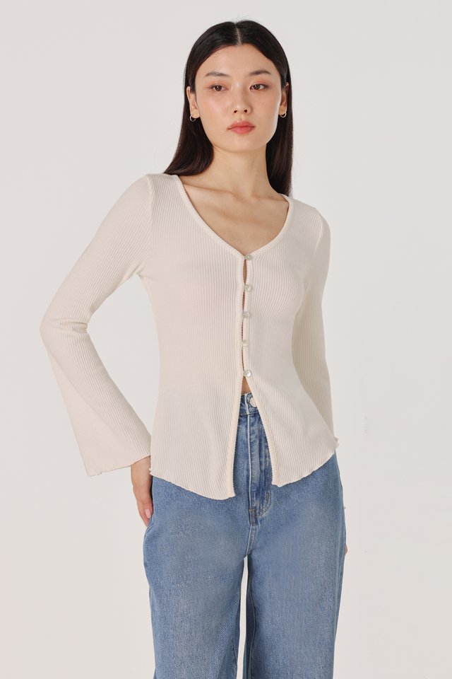BREA RIBBED LONGLINE SHELL BUTTON FLARE SLEEVE TOP (OFF-WHITE) *BFF*