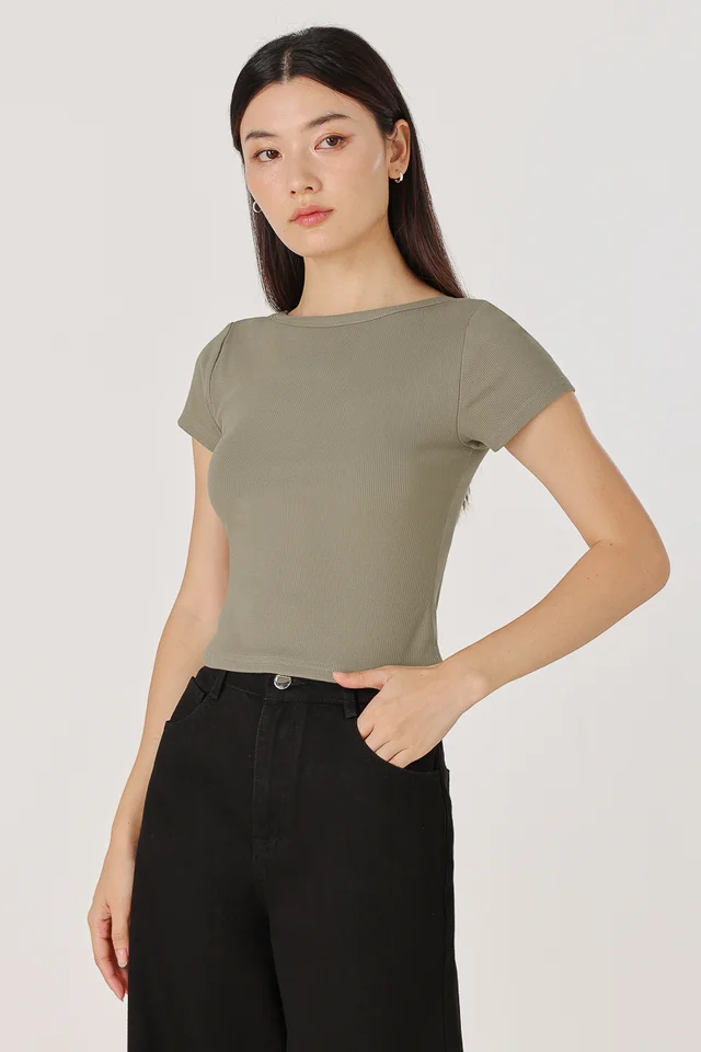 MARINA REVERSIBLE PADDED SLEEVE RIBBED TOP (OLIVE)