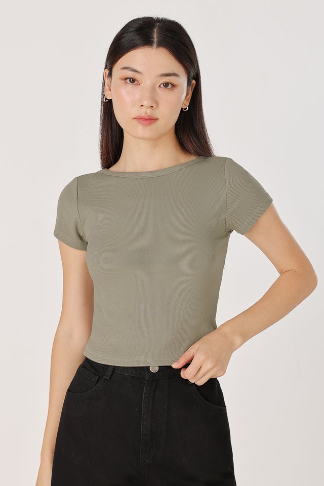 MARINA REVERSIBLE PADDED SLEEVE RIBBED TOP (OLIVE)