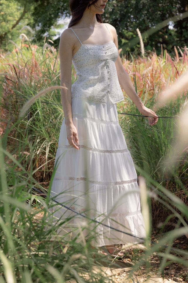 AMARIA COTTON LACE INSERT TIERED MAXI SLIT SKIRT - REGULAR (WHITE)