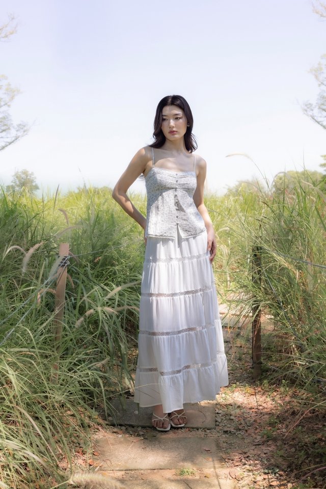 AMARIA COTTON LACE INSERT TIERED MAXI SLIT SKIRT - REGULAR (WHITE)