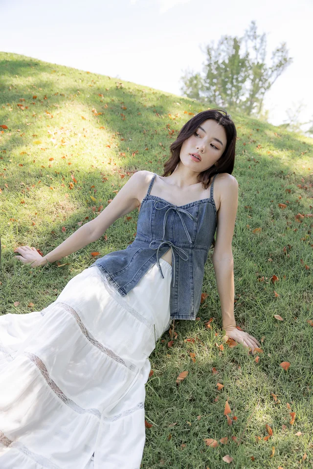 GEORGIE FRONT RIBBON-TIE DENIM TOP