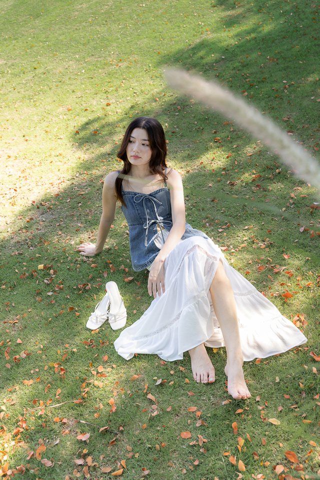 GEORGIE FRONT RIBBON-TIE DENIM TOP