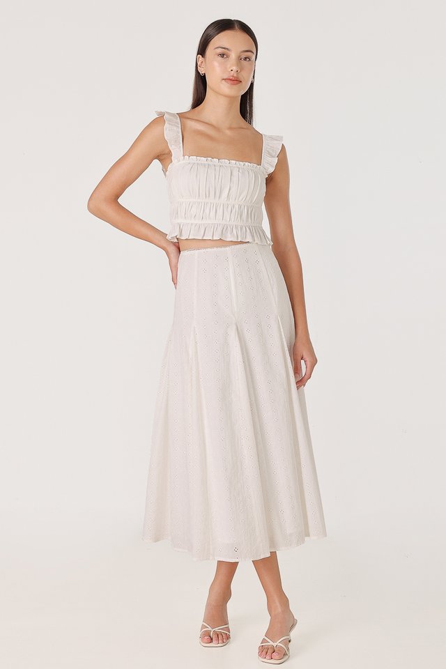 AMERIE EYELET GODET FLARE TRIM MIDAXI SKIRT
