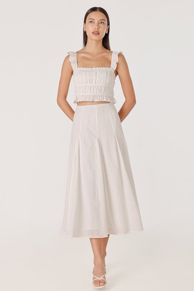 AMERIE EYELET GODET FLARE TRIM MIDAXI SKIRT