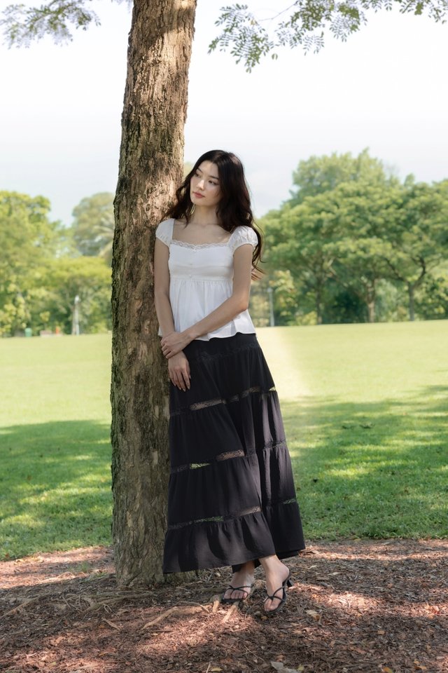 AMARIA COTTON LACE INSERT TIERED MAXI SLIT SKIRT - REGULAR (BLACK)