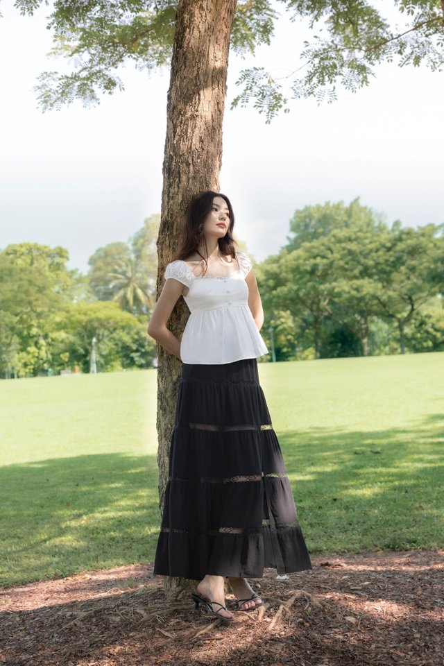 AMARIA COTTON LACE INSERT TIERED MAXI SLIT SKIRT - REGULAR (BLACK)