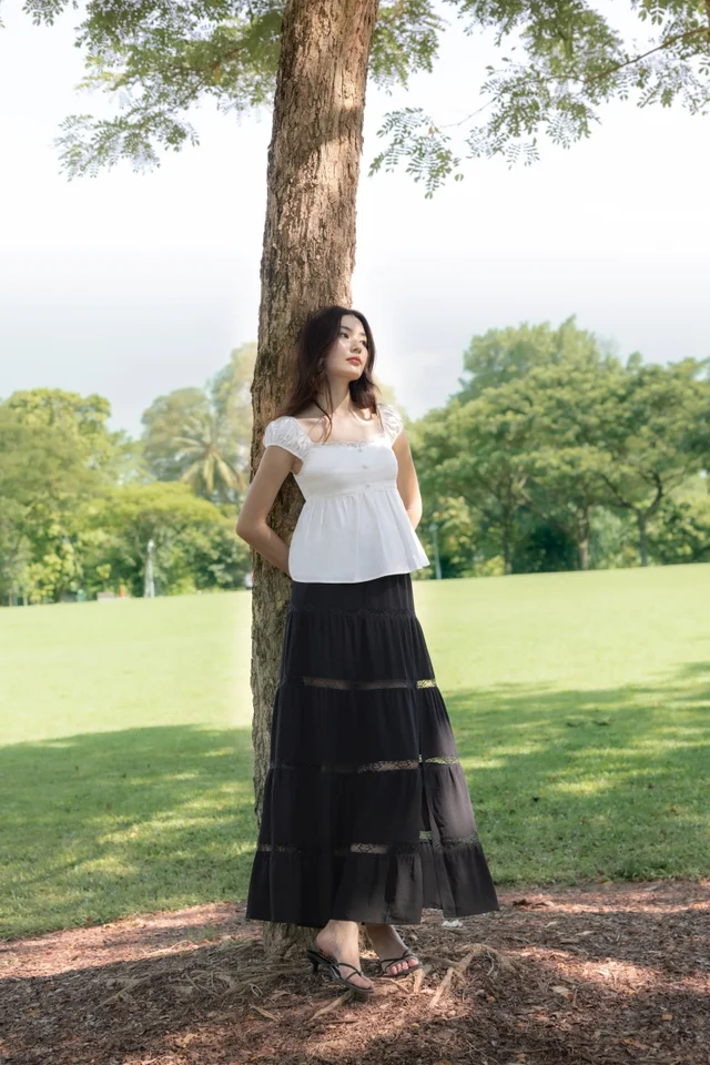AMARIA COTTON LACE INSERT TIERED MAXI SLIT SKIRT - REGULAR (BLACK)