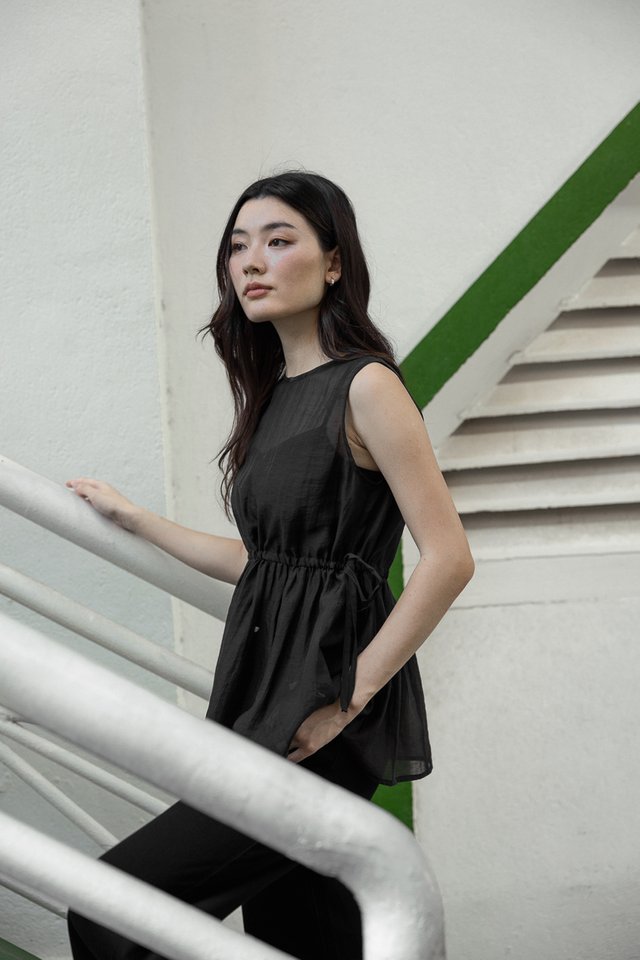 NORI SHEER DRAWSTRING TOP (BLACK)