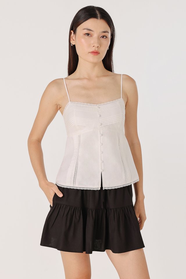 DILYENNE PADDED LACE TRIM PINTUCK BUTTON TOP (WHITE)
