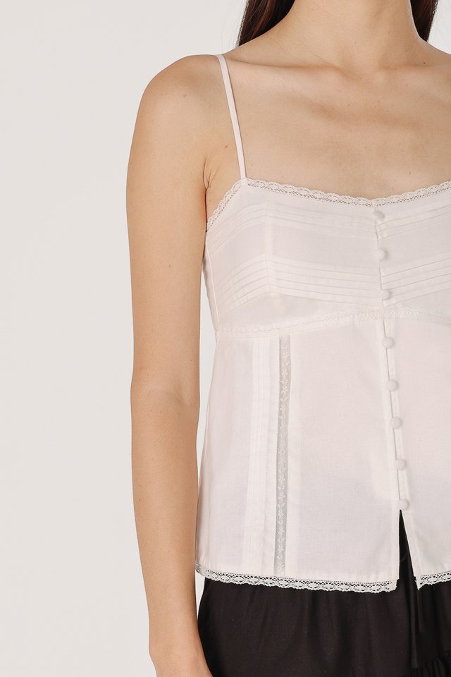 DILYENNE PADDED LACE TRIM PINTUCK BUTTON TOP (WHITE)