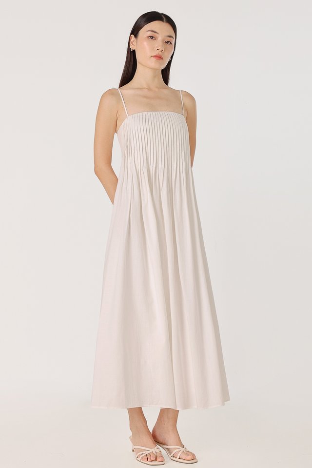 SHAMAINE PADDED LINEN PINTUCK MIDAXI DRESS (WHITE)