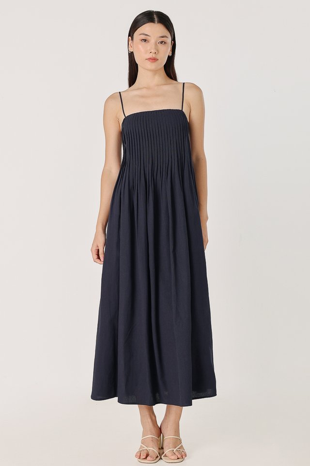 SHAMAINE PADDED LINEN PINTUCK MIDAXI DRESS (NAVY)