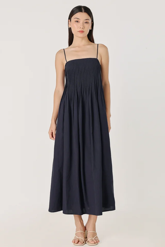 SHAMAINE PADDED LINEN PINTUCK MIDAXI DRESS (NAVY)