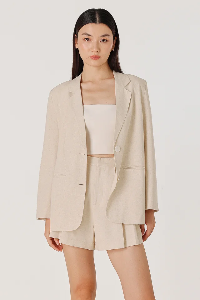 ADDIE LINEN WELT POCKET SHELL BUTTON BOYFRIEND BLAZER (NATURAL)