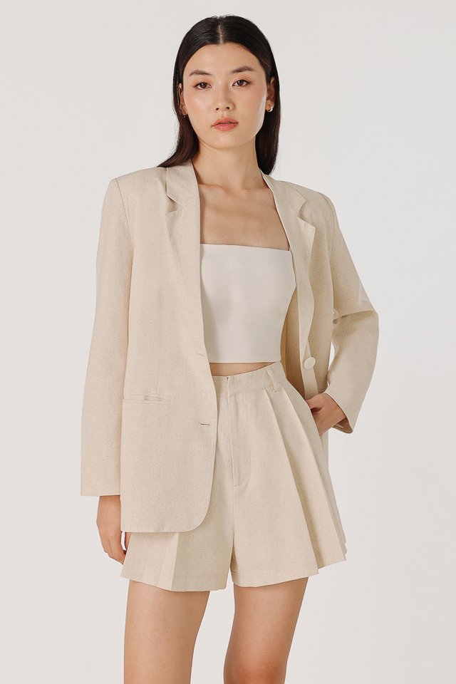 ADDIE LINEN WELT POCKET SHELL BUTTON BOYFRIEND BLAZER (NATURAL)