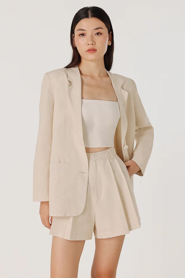 ADDIE LINEN WELT POCKET SHELL BUTTON BOYFRIEND BLAZER (NATURAL)