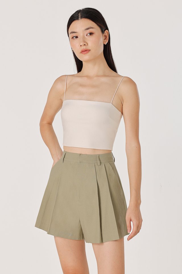 ADDIE LINEN PLEATED SHORTS (OLIVE GREEN)