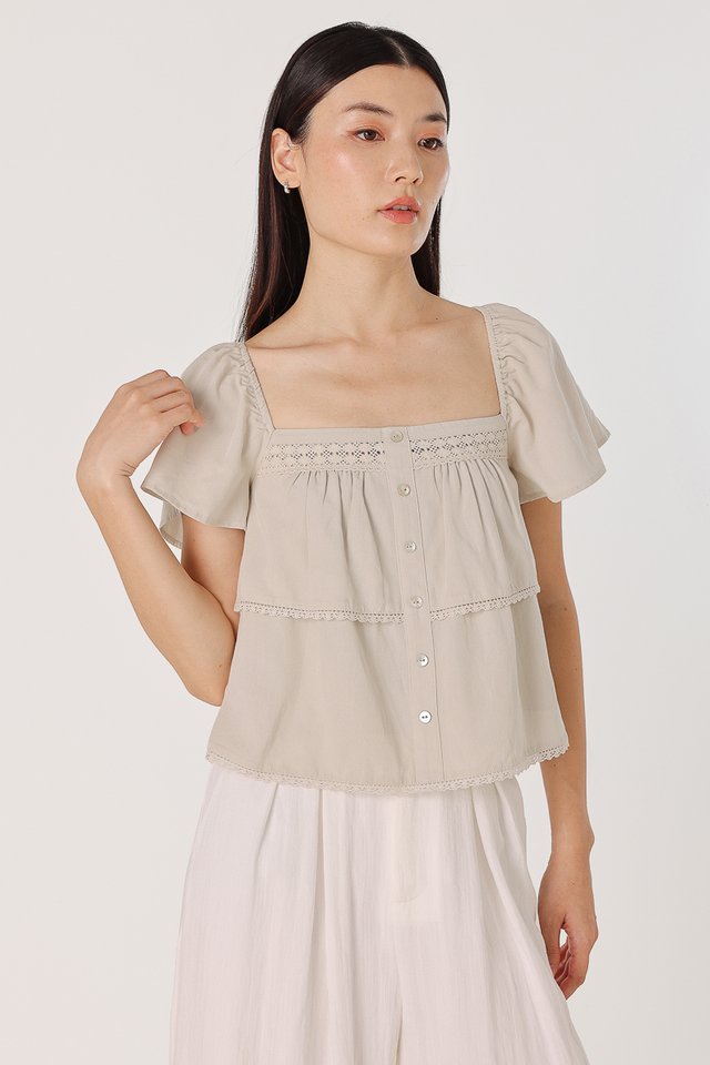 ELVIRA LACE INSERT FLUTTER SLEEVE SHELL BUTTON TOP (OAT)