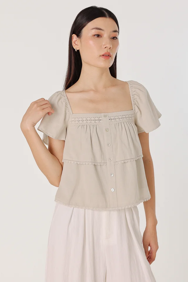ELVIRA LACE INSERT FLUTTER SLEEVE SHELL BUTTON TOP (OAT)