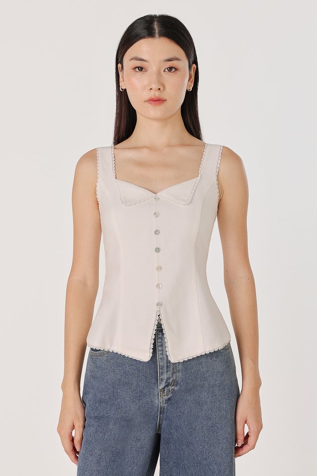 ORIANNA PADDED LINEN FOLDOVER LACE TRIM SHELL BUTTON TOP (WHITE)