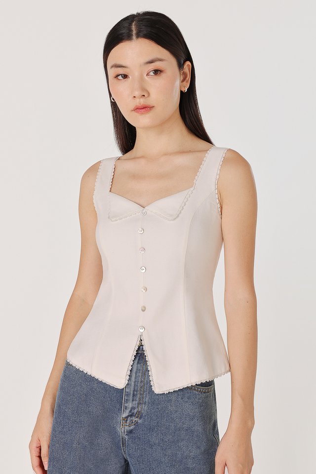 ORIANNA PADDED LINEN FOLDOVER LACE TRIM SHELL BUTTON TOP (WHITE)