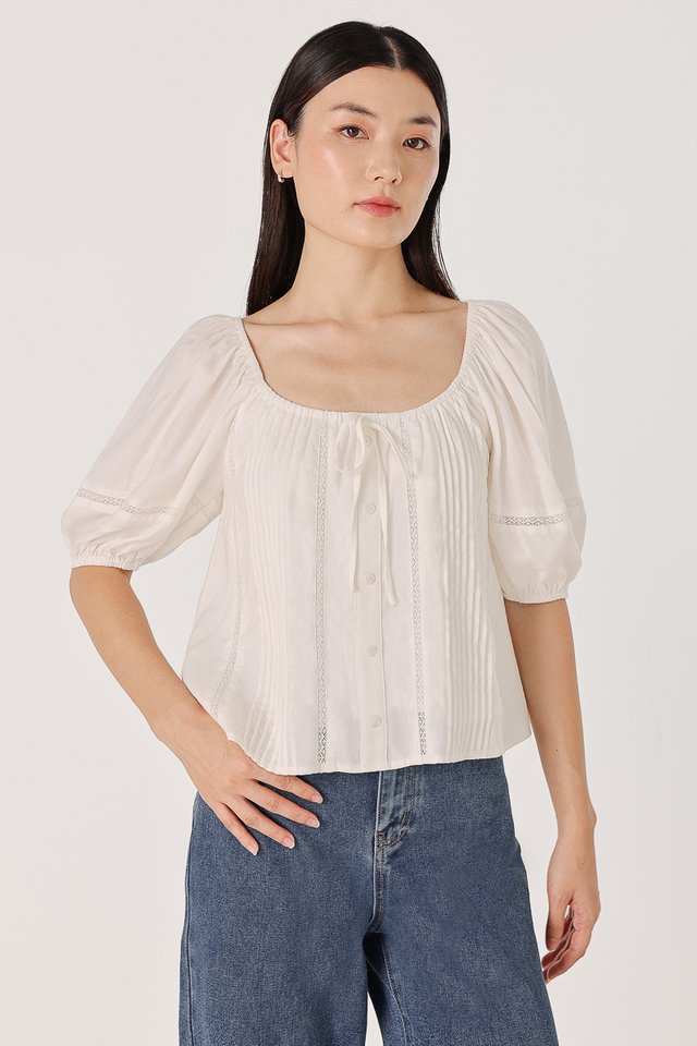 RUELLA LINEN LACE INSERT PINTUCK PUFF SLEEVE BLOUSE (WHITE)