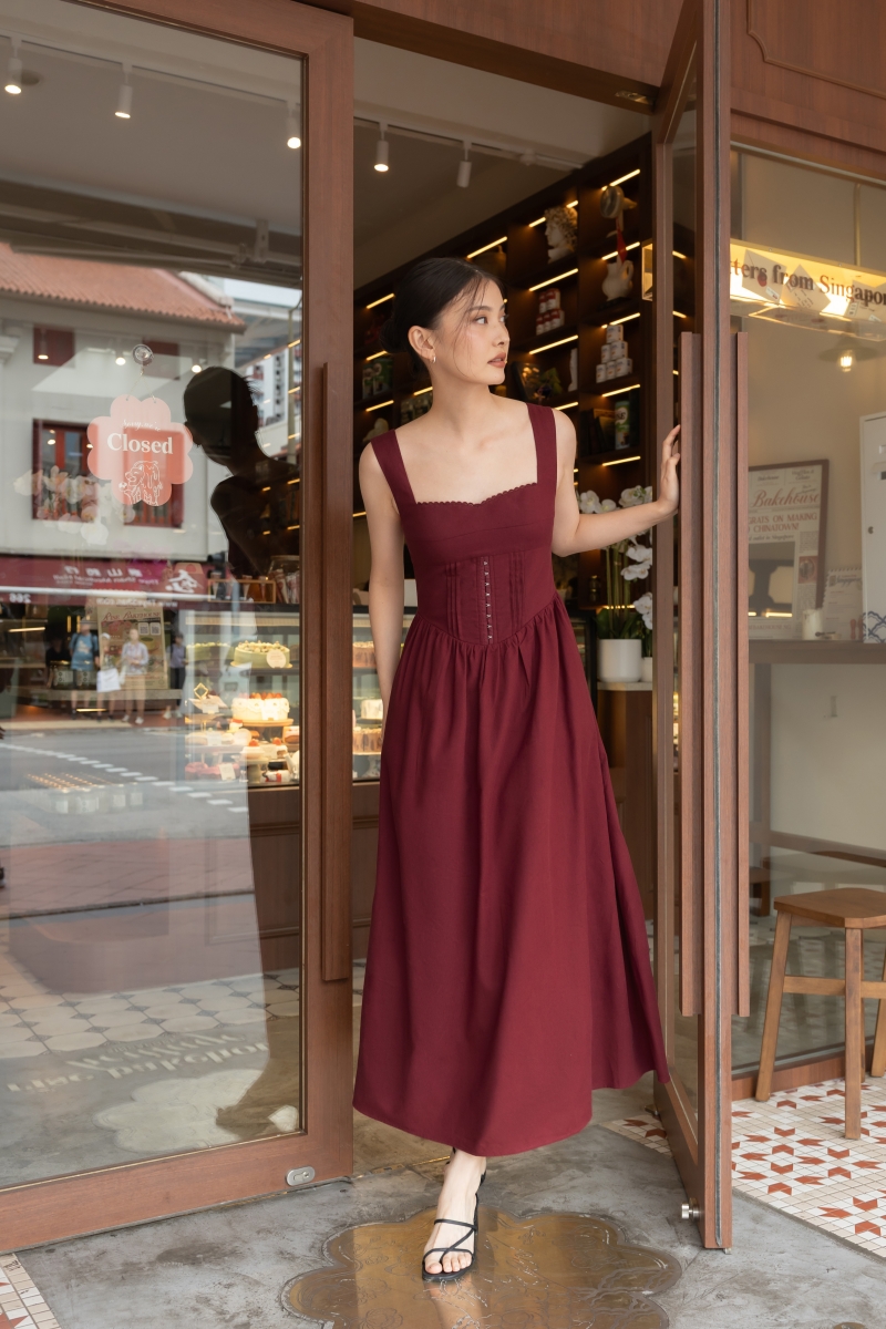 ATHENA PADDED LINEN LACE TRIM PINTUCK CORSET MIDAXI DRESS | Lovet