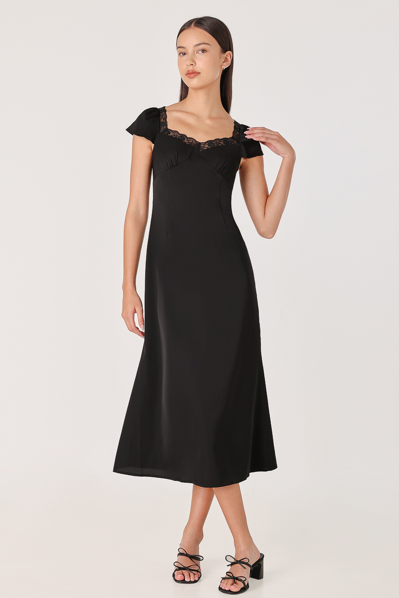 LUZELLA LACE TRIM CAP SLEEVE BIAS MIDAXI DRESS (BLACK) | Lovet
