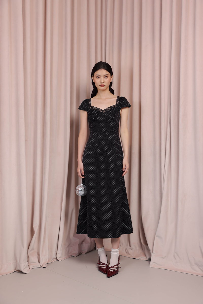 LUZELLA LACE TRIM CAP SLEEVE BIAS MIDAXI DRESS (POLKA DOT) | Lovet
