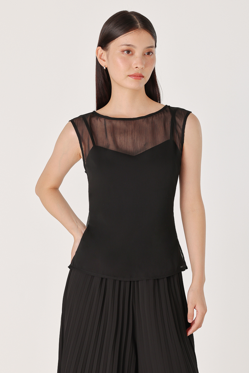 ELISSE PADDED SHEER OVERLAY TWO-PIECE CAMI TOP (BLACK) | Lovet