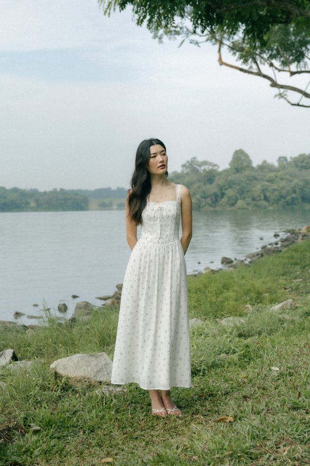 TASHA PADDED FLORAL PINTUCK CORSET MIDAXI DRESS