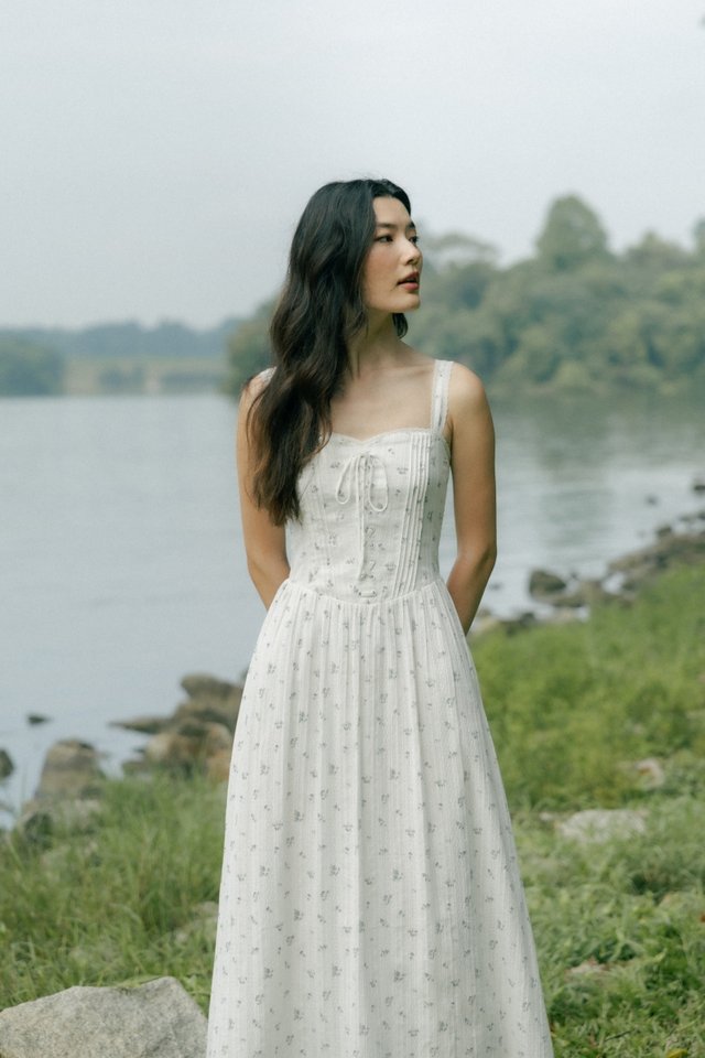 TASHA PADDED FLORAL PINTUCK CORSET MIDAXI DRESS