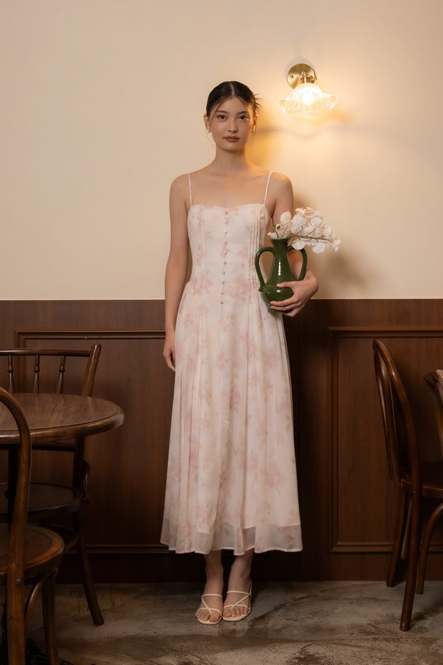 PEONY PADDED CHIFFON FLORAL BASQUE WAIST BUTTON MIDAXI DRESS