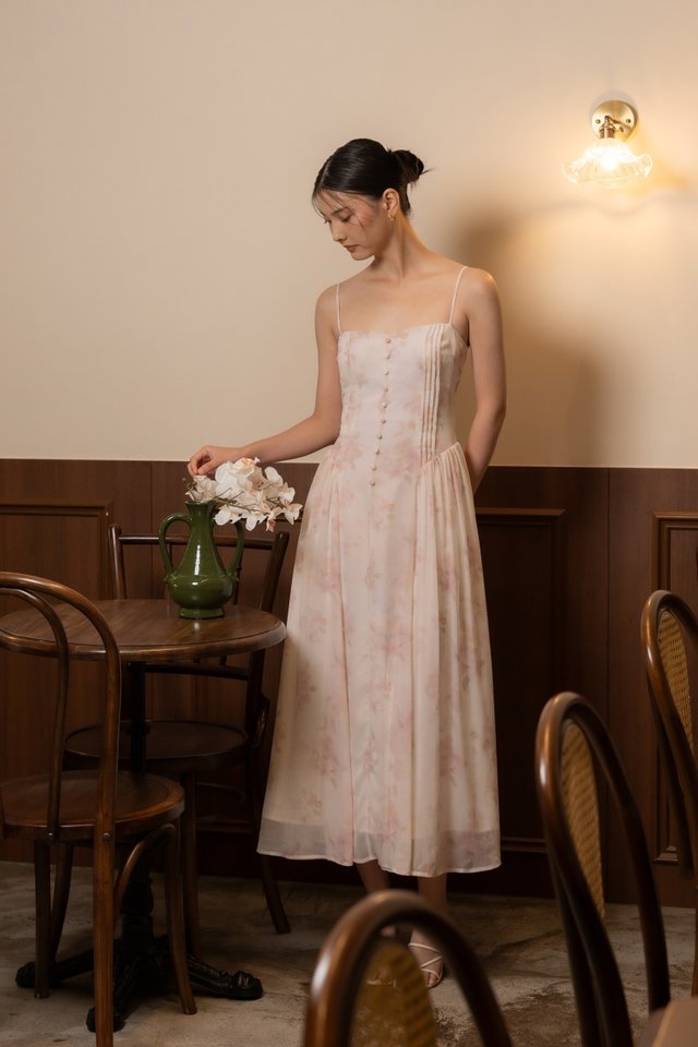 PEONY PADDED CHIFFON FLORAL BASQUE WAIST BUTTON MIDAXI DRESS