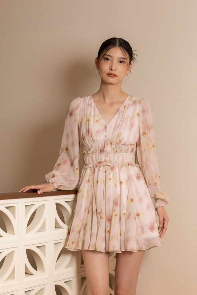 LUCIANNE FLORAL CHIFFON BUTTON SLEEVED GODET SKORTS DRESS