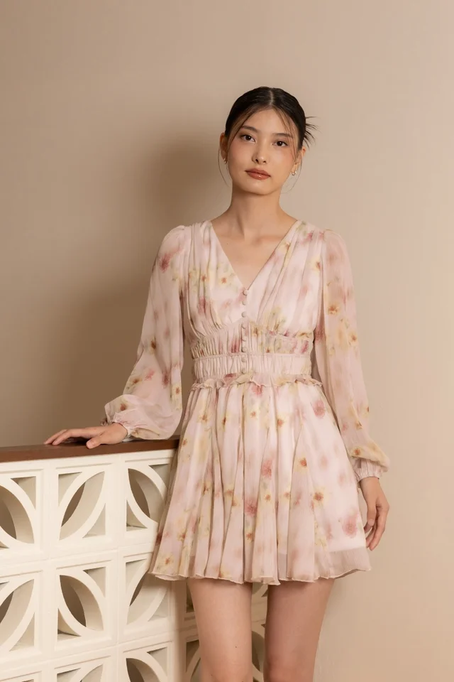 LUCIANNE FLORAL CHIFFON BUTTON SLEEVED GODET SKORTS DRESS