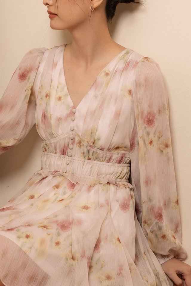 LUCIANNE FLORAL CHIFFON BUTTON SLEEVED GODET SKORTS DRESS