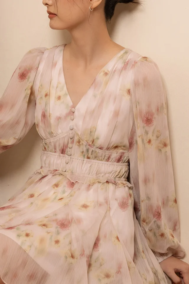 LUCIANNE FLORAL CHIFFON BUTTON SLEEVED GODET SKORTS DRESS