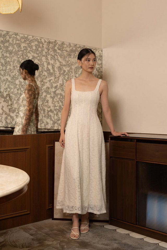 LIANA PADDED LACE JACQUARD PANELLED SQUARE NECK MIDAXI DRESS