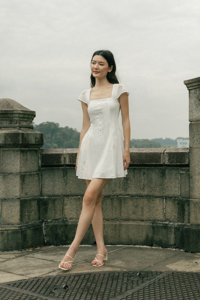 RALEY PADDED CAP SLEEVE BUTTON BASQUE MINI DRESS (EYELET)