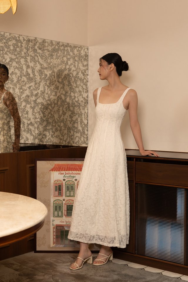 LIANA PADDED LACE JACQUARD PANELLED SQUARE NECK MIDAXI DRESS