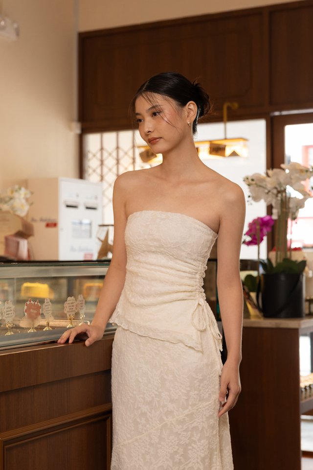 NOVELLA PADDED LACE JACQUARD ASYMMETRICAL DRAWSTRING TUBE TOP