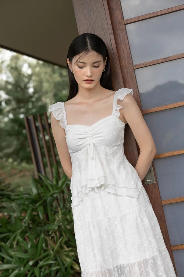 ALAYNA PADDED FLORAL JACQUARD DRAWSTRING RUFFLE SLEEVE TOP