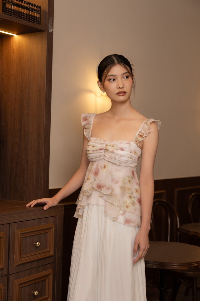 ASTHER PADDED FLORAL CHIFFON RUFFLE SLEEVE RUCHED TOP