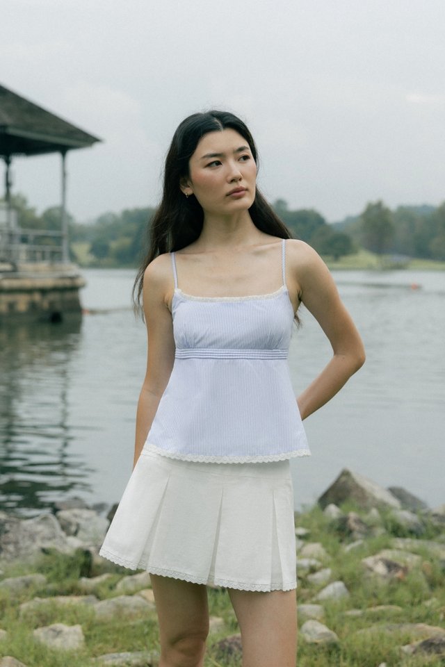 REINI PADDED RUFFLE TRIM BABYDOLL CAMI TOP (BLUE STRIPED)